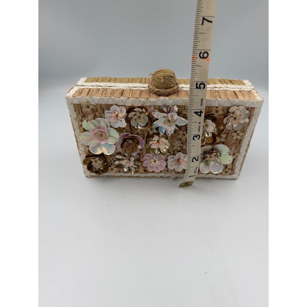Hat Attack Raffia Floral Sequin Box Clutch Bag Tan Gold Chain Strap Evening Bag - Picture 7 of 7